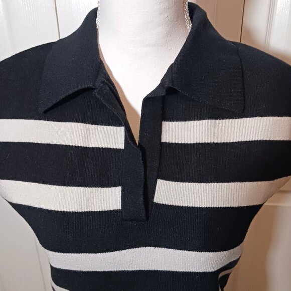 English Factory Squre Style Black & White Stripe Split Neck Collared Knit Top XS - Picture 4 of 12